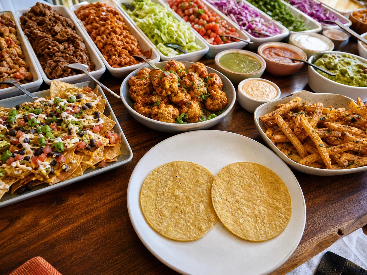Fiesta Taco Bar + Appetizers with toppings and tortillas in catering trays
