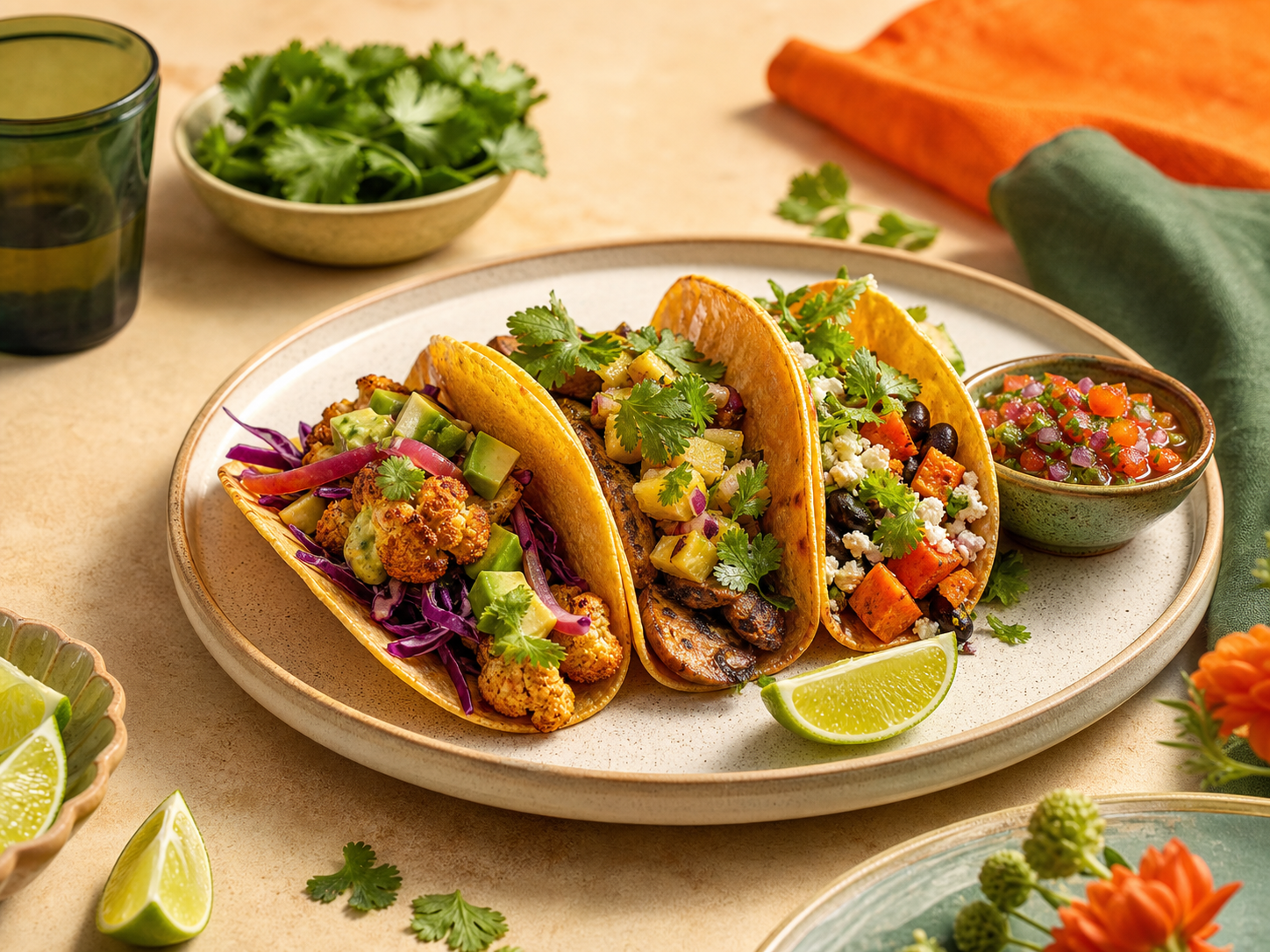 Three colourful gourmet tacos with salsa